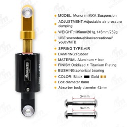 Ammortizzatore ad aria Monorim MXA per monopattino e bici elettrica MTB  - 10 
MODELLO: Sospensione Monorim MXA
REGOLAZIONE: Pre